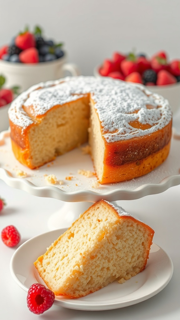 Decadent Vanilla Matzah Cake Recipe Vanilla matzah cake on a cake stand, dusted with powdered sugar, with fresh berries and a slice on a plate.